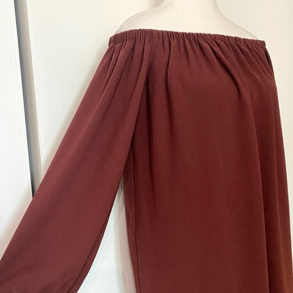 ARITZIA WILFRED DUREE OFF THE SHOULDER SHIFT DRESS IN BURGUNDY BROWN WINE - S - Picture 4 of 9